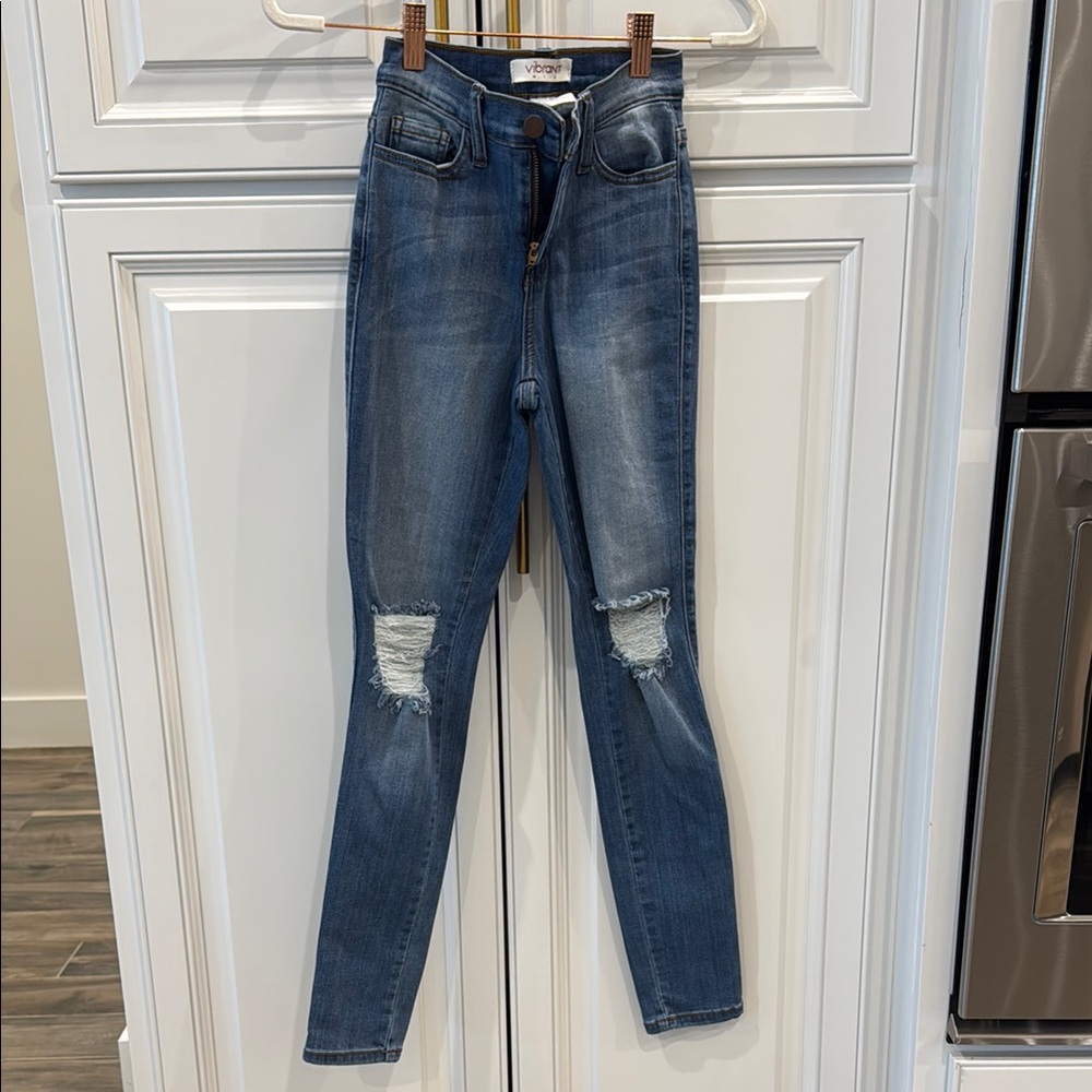 Vibrant Blue Skinny Jeans High-Waisted Distressed